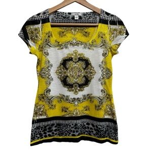 Cache Italian Panel Scarf Print Y2K Blouse Tee Short Sleeve Fitted